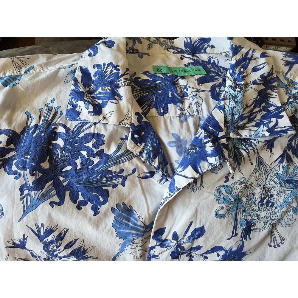 Mio Marino Shirt L Floral Birds White Blue Cotton Casual Resort Short Sleeve